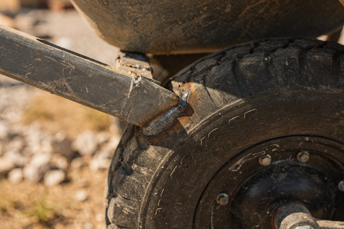 Close-up of a wheelbarrow's pneumatic tire and steel frame